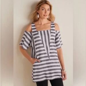 Soft Surroundings Striped Cold Shoulder Linen Blend Tunic Top Black White PS